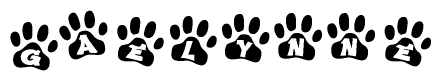 The image shows a series of animal paw prints arranged horizontally. Within each paw print, there's a letter; together they spell Gaelynne