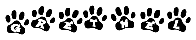 The image shows a series of animal paw prints arranged horizontally. Within each paw print, there's a letter; together they spell Grethel