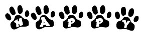 The image shows a series of animal paw prints arranged in a horizontal line. Each paw print contains a letter, and together they spell out the word Happy.
