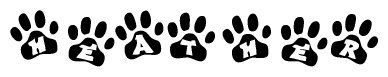 The image shows a series of animal paw prints arranged in a horizontal line. Each paw print contains a letter, and together they spell out the word Heather.