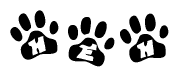 The image shows a row of animal paw prints, each containing a letter. The letters spell out the word Heh within the paw prints.