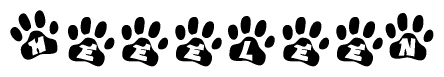 The image shows a series of animal paw prints arranged horizontally. Within each paw print, there's a letter; together they spell Heeeleen