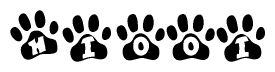 The image shows a row of animal paw prints, each containing a letter. The letters spell out the word Hiooi within the paw prints.