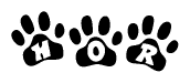 The image shows a series of animal paw prints arranged horizontally. Within each paw print, there's a letter; together they spell Hor