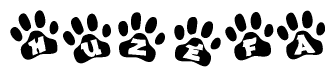 The image shows a row of animal paw prints, each containing a letter. The letters spell out the word Huzefa within the paw prints.