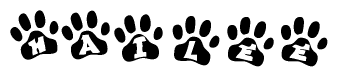 The image shows a series of animal paw prints arranged in a horizontal line. Each paw print contains a letter, and together they spell out the word Hailee.