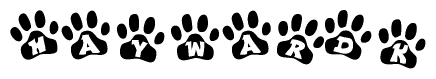 The image shows a series of animal paw prints arranged in a horizontal line. Each paw print contains a letter, and together they spell out the word Haywardk.