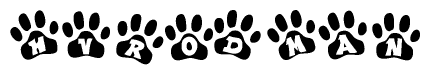 The image shows a series of animal paw prints arranged horizontally. Within each paw print, there's a letter; together they spell Hvrodman