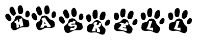 The image shows a row of animal paw prints, each containing a letter. The letters spell out the word Haskell within the paw prints.
