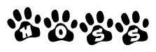 The image shows a series of animal paw prints arranged in a horizontal line. Each paw print contains a letter, and together they spell out the word Hoss.
