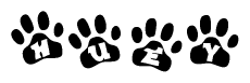 The image shows a row of animal paw prints, each containing a letter. The letters spell out the word Huey within the paw prints.