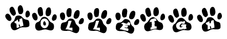 The image shows a series of animal paw prints arranged in a horizontal line. Each paw print contains a letter, and together they spell out the word Holleigh.