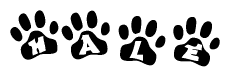 The image shows a series of animal paw prints arranged in a horizontal line. Each paw print contains a letter, and together they spell out the word Hale.