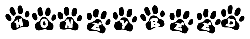 The image shows a series of animal paw prints arranged in a horizontal line. Each paw print contains a letter, and together they spell out the word Honeybeed.