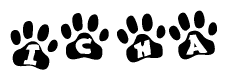 The image shows a series of animal paw prints arranged horizontally. Within each paw print, there's a letter; together they spell Icha