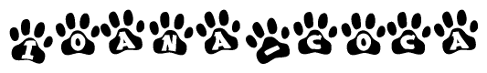 The image shows a row of animal paw prints, each containing a letter. The letters spell out the word Ioana-coca within the paw prints.