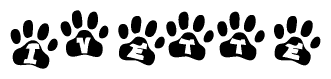 The image shows a row of animal paw prints, each containing a letter. The letters spell out the word Ivette within the paw prints.