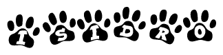 The image shows a row of animal paw prints, each containing a letter. The letters spell out the word Isidro within the paw prints.