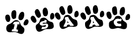 The image shows a series of animal paw prints arranged in a horizontal line. Each paw print contains a letter, and together they spell out the word Isaac.