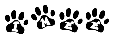 The image shows a series of animal paw prints arranged in a horizontal line. Each paw print contains a letter, and together they spell out the word Imee.