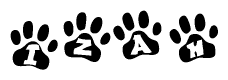 The image shows a series of animal paw prints arranged horizontally. Within each paw print, there's a letter; together they spell Izah