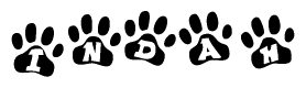 The image shows a row of animal paw prints, each containing a letter. The letters spell out the word Indah within the paw prints.
