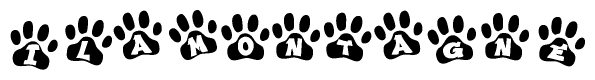 The image shows a series of animal paw prints arranged in a horizontal line. Each paw print contains a letter, and together they spell out the word Ilamontagne.