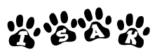 The image shows a series of animal paw prints arranged horizontally. Within each paw print, there's a letter; together they spell Isak