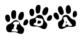 The image shows a row of animal paw prints, each containing a letter. The letters spell out the word Ida within the paw prints.