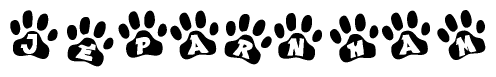 The image shows a row of animal paw prints, each containing a letter. The letters spell out the word Jeparnham within the paw prints.