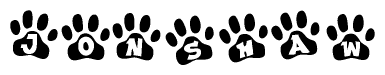 The image shows a series of animal paw prints arranged in a horizontal line. Each paw print contains a letter, and together they spell out the word Jonshaw.