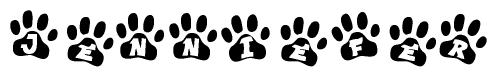 The image shows a series of animal paw prints arranged horizontally. Within each paw print, there's a letter; together they spell Jenniefer