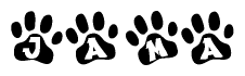 The image shows a series of animal paw prints arranged in a horizontal line. Each paw print contains a letter, and together they spell out the word Jama.
