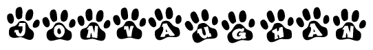 The image shows a series of animal paw prints arranged in a horizontal line. Each paw print contains a letter, and together they spell out the word Jonvaughan.