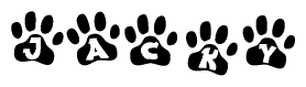 The image shows a row of animal paw prints, each containing a letter. The letters spell out the word Jacky within the paw prints.