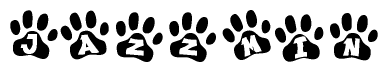 The image shows a row of animal paw prints, each containing a letter. The letters spell out the word Jazzmin within the paw prints.