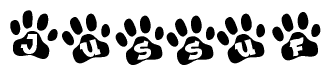 The image shows a series of animal paw prints arranged in a horizontal line. Each paw print contains a letter, and together they spell out the word Jussuf.