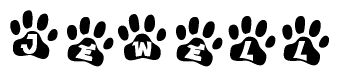 The image shows a series of animal paw prints arranged in a horizontal line. Each paw print contains a letter, and together they spell out the word Jewell.