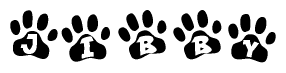 The image shows a row of animal paw prints, each containing a letter. The letters spell out the word Jibby within the paw prints.
