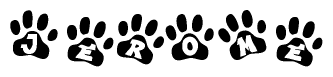 The image shows a row of animal paw prints, each containing a letter. The letters spell out the word Jerome within the paw prints.