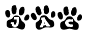 The image shows a series of animal paw prints arranged in a horizontal line. Each paw print contains a letter, and together they spell out the word Jac.