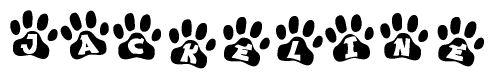 The image shows a series of animal paw prints arranged in a horizontal line. Each paw print contains a letter, and together they spell out the word Jackeline.