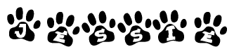 The image shows a series of animal paw prints arranged in a horizontal line. Each paw print contains a letter, and together they spell out the word Jessie.
