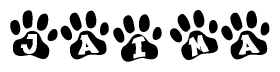 The image shows a row of animal paw prints, each containing a letter. The letters spell out the word Jaima within the paw prints.
