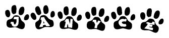 The image shows a series of animal paw prints arranged in a horizontal line. Each paw print contains a letter, and together they spell out the word Janyce.