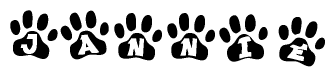 The image shows a series of animal paw prints arranged in a horizontal line. Each paw print contains a letter, and together they spell out the word Jannie.