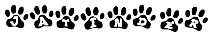 The image shows a series of animal paw prints arranged in a horizontal line. Each paw print contains a letter, and together they spell out the word Jatinder.