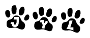 The image shows a series of animal paw prints arranged horizontally. Within each paw print, there's a letter; together they spell Jyl