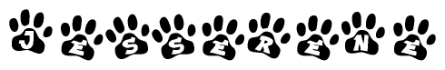 The image shows a series of animal paw prints arranged in a horizontal line. Each paw print contains a letter, and together they spell out the word Jesserene.