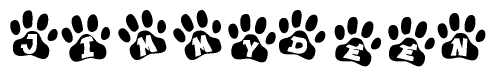 The image shows a series of animal paw prints arranged in a horizontal line. Each paw print contains a letter, and together they spell out the word Jimmydeen.